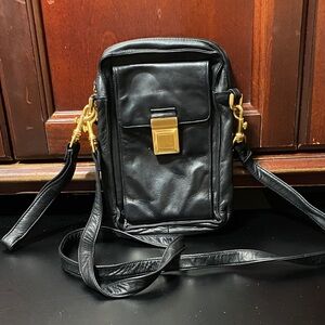 Perlina New York vintage butter soft Black Leather Crossbody wristlet Bag